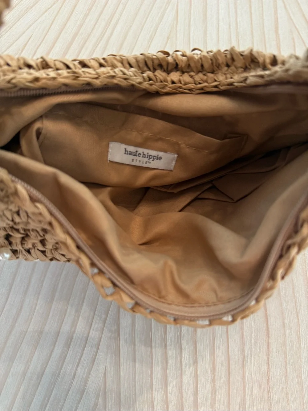 Haute Hippie Crescent Hobo Bag with Pearl Detail - Tan Raffia